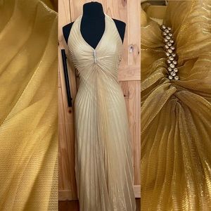 Vintage 90s gold pleated halter maxi dress - chiffon overlay -made in USA